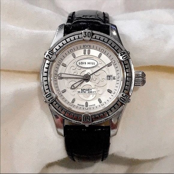 LOIS HILL Round White Face Scroll Embellished Sport Watch w/ Black Leather Band main image 5
